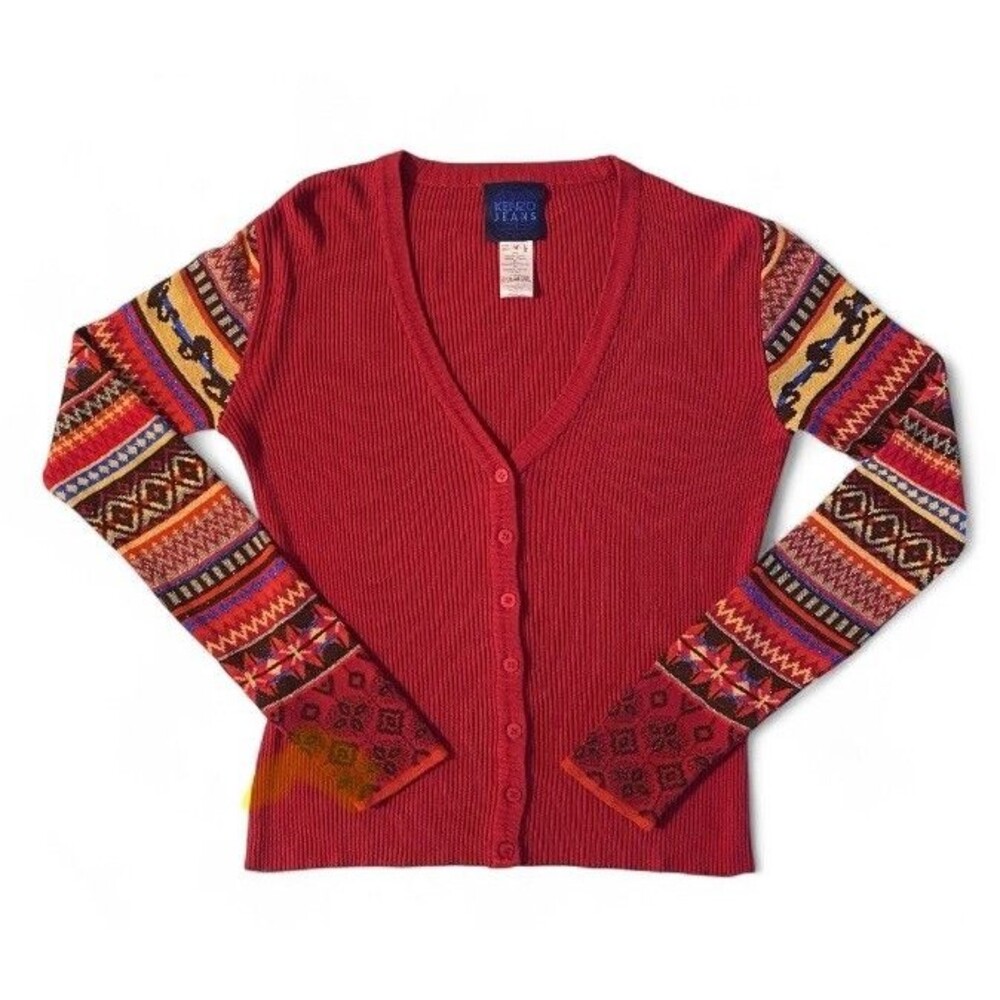 Vintage Y2K Kenzo Cardigan Sweater M Dark Red w/ Contrast Metallic Knit Sleeves